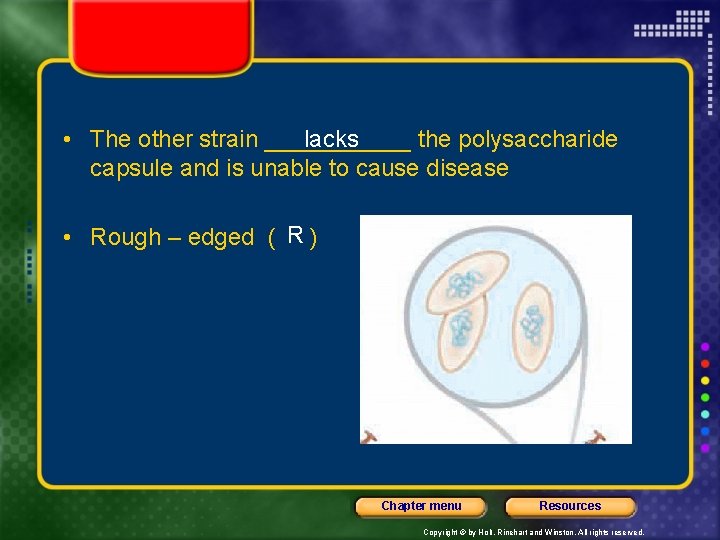 lacks • The other strain ______ the polysaccharide capsule and is unable to cause