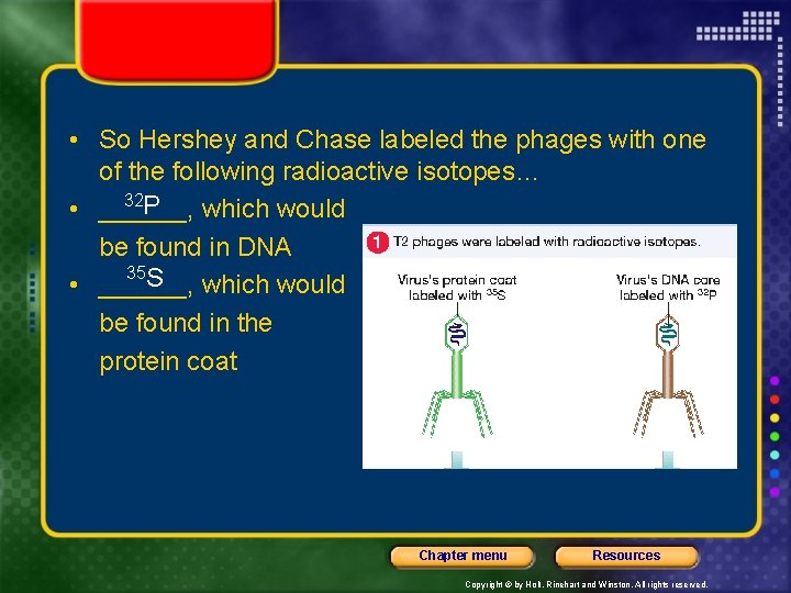  • So Hershey and Chase labeled the phages with one of the following