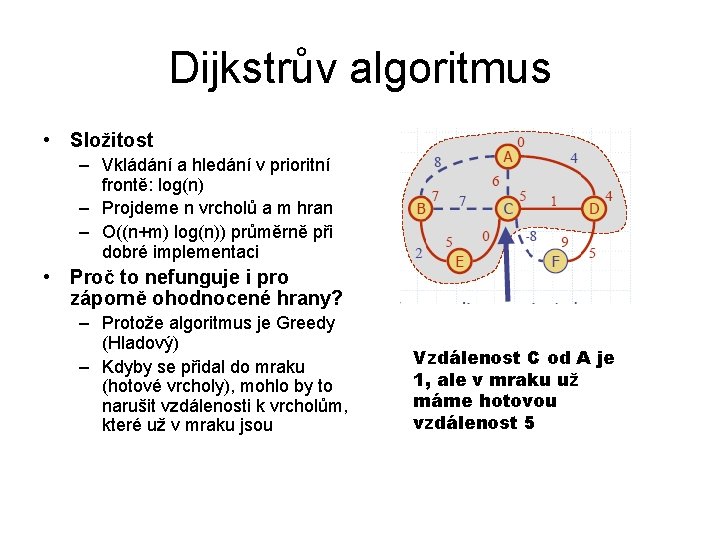 Dijkstrův algoritmus • Složitost – Vkládání a hledání v prioritní frontě: log(n) – Projdeme