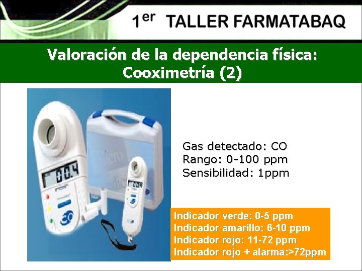 Valoración de la dependencia física: Cooximetría (2) Gas detectado: CO Rango: 0 -100 ppm