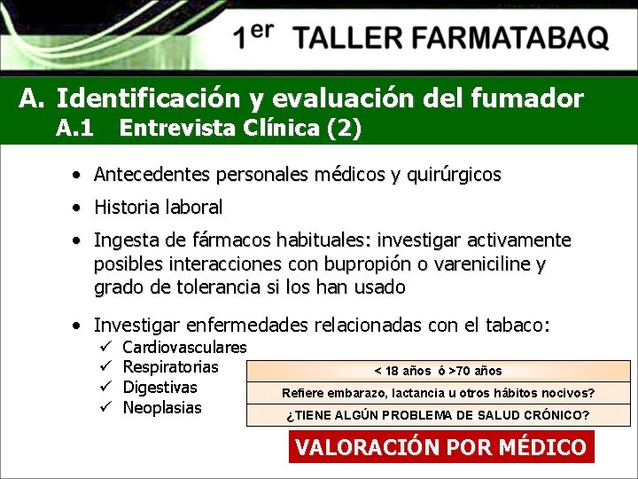 A. Identificación y evaluación del fumador A. 1 Entrevista Clínica (2) • Antecedentes personales