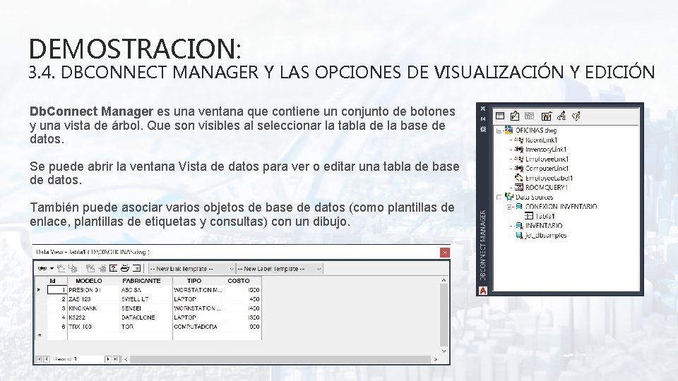 DEMOSTRACION: 3. 4. DBCONNECT MANAGER Y LAS OPCIONES DE VISUALIZACIÓN Y EDICIÓN Db. Connect