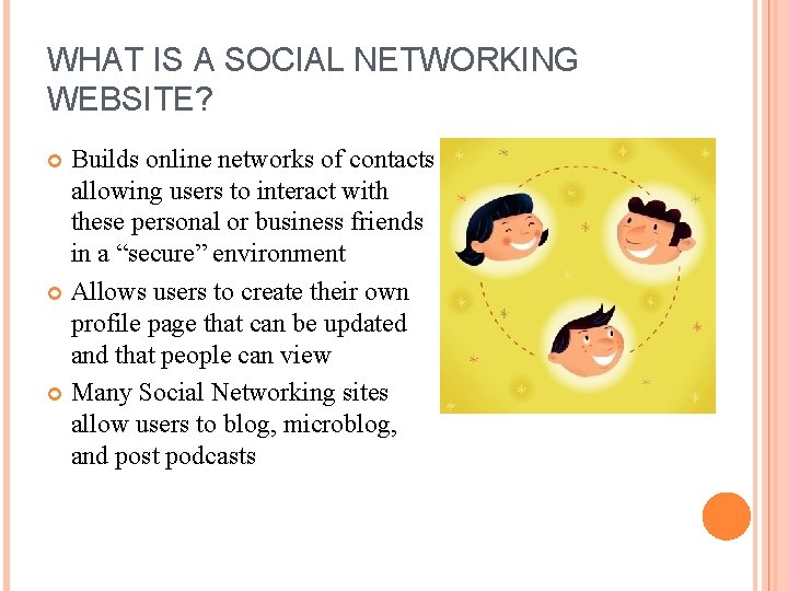 WHAT IS A SOCIAL NETWORKING WEBSITE? Builds online networks of contacts allowing users to