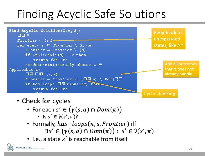 Finding Acyclic Safe Solutions Find-Acyclic-Solution(Σ, s 0, Sg) �� ← ∅ Frontier ← {s Finding Acyclic Safe Solutions Find-Acyclic-Solution(Σ, s 0, Sg) �� ← ∅ Frontier ← {s