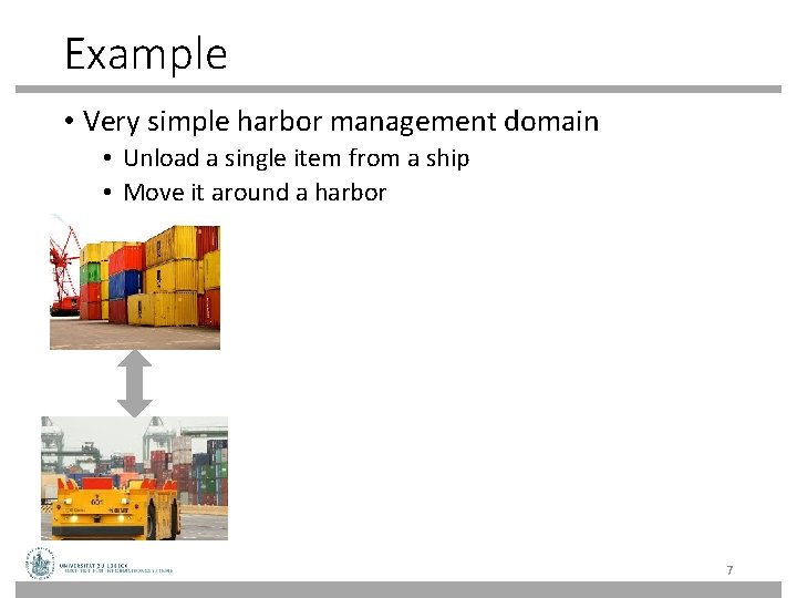 Example • Very simple harbor management domain • Unload a single item from a Example • Very simple harbor management domain • Unload a single item from a