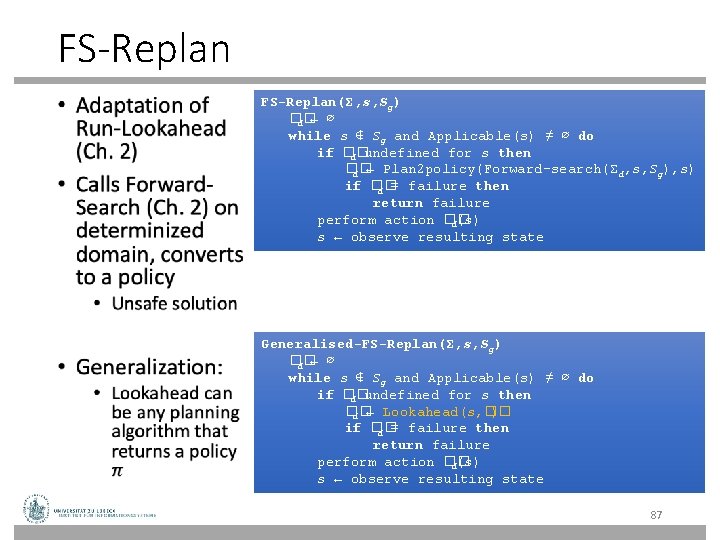 FS-Replan • FS-Replan(Σ, s, Sg) �� d ← ∅ while s ∉ Sg and FS-Replan • FS-Replan(Σ, s, Sg) �� d ← ∅ while s ∉ Sg and