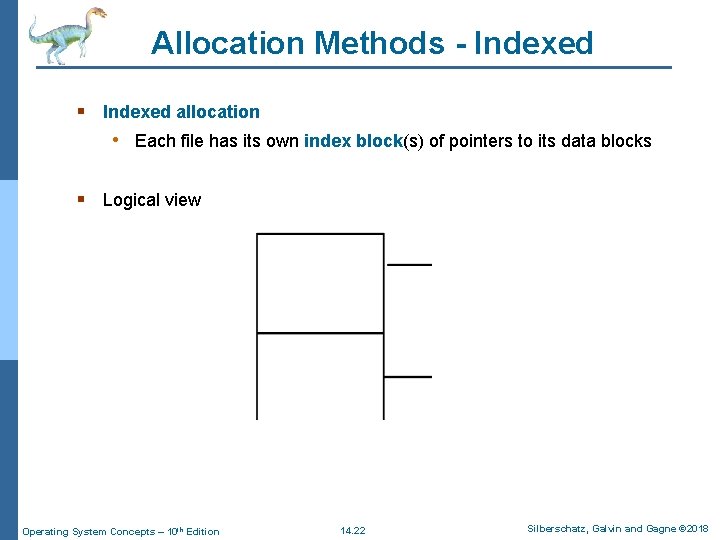Allocation Methods - Indexed § Indexed allocation • Each file has its own index