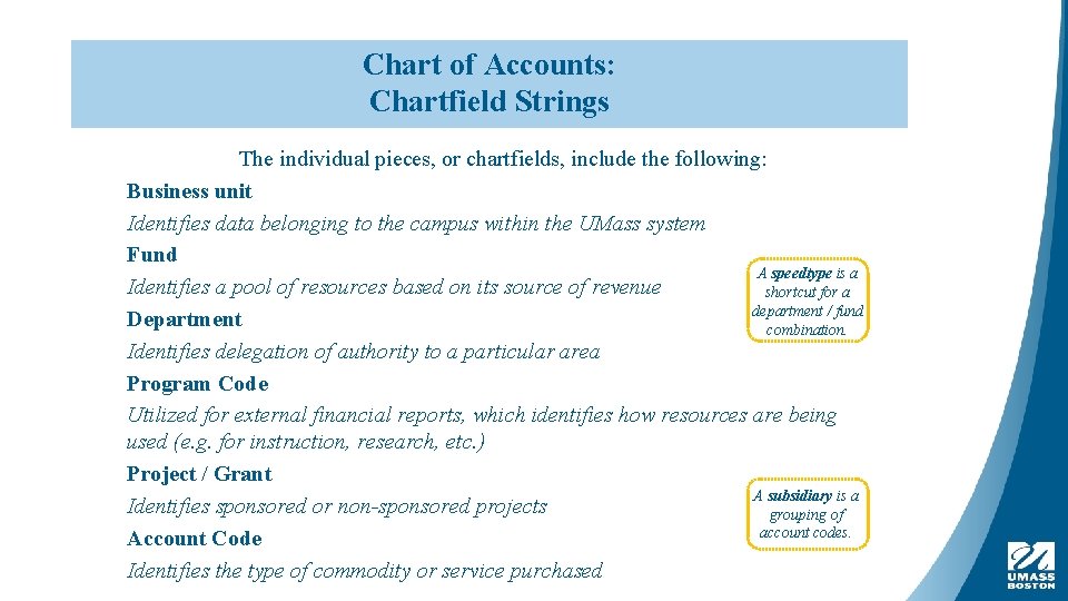 Chart of Accounts: Chartfield Strings The individual pieces, or chartfields, include the following: Business