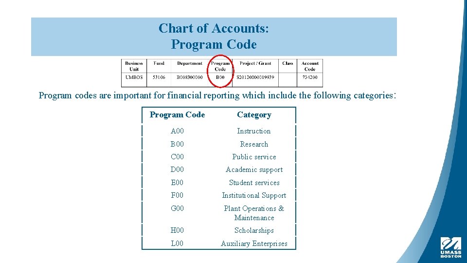 Chart of Accounts: Program Code Program codes are important for financial reporting which include