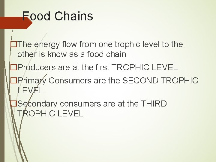 Food Chains �The energy flow from one trophic level to the other is know