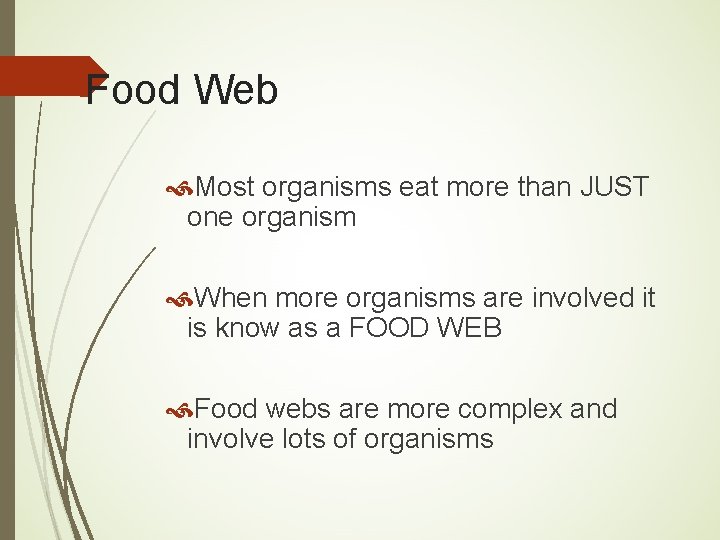 Food Web Most organisms eat more than JUST one organism When more organisms are