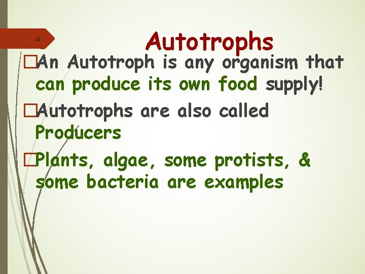4 Autotrophs �An Autotroph is any organism that can produce its own food supply!