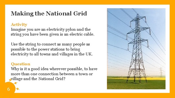 Making the National Grid Activity Imagine you are an electricity pylon and the string