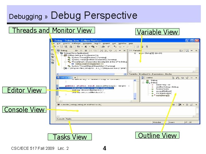 Debugging » Debug Perspective Threads and Monitor View Variable View Editor View Console View Debugging » Debug Perspective Threads and Monitor View Variable View Editor View Console View