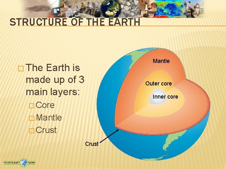 STRUCTURE OF THE EARTH Mantle � The Earth is made up of 3 main