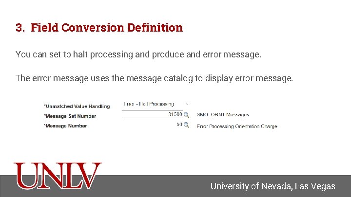 3. Field Conversion Definition You can set to halt processing and produce and error