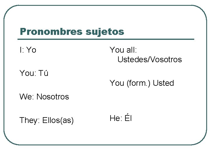 Pronombres sujetos I: Yo You all: Ustedes/Vosotros You: Tú You (form. ) Usted We: