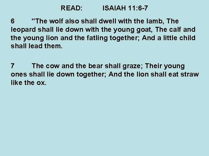 READ: ISAIAH 11: 6 -7 6 "The wolf also shall dwell with the lamb,