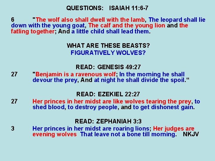 QUESTIONS: ISAIAH 11: 6 -7 6 "The wolf also shall dwell with the lamb,