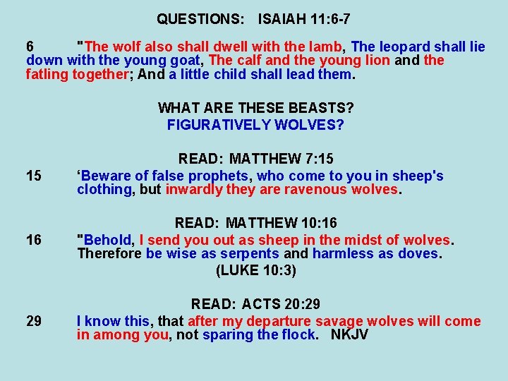 QUESTIONS: ISAIAH 11: 6 -7 6 "The wolf also shall dwell with the lamb,