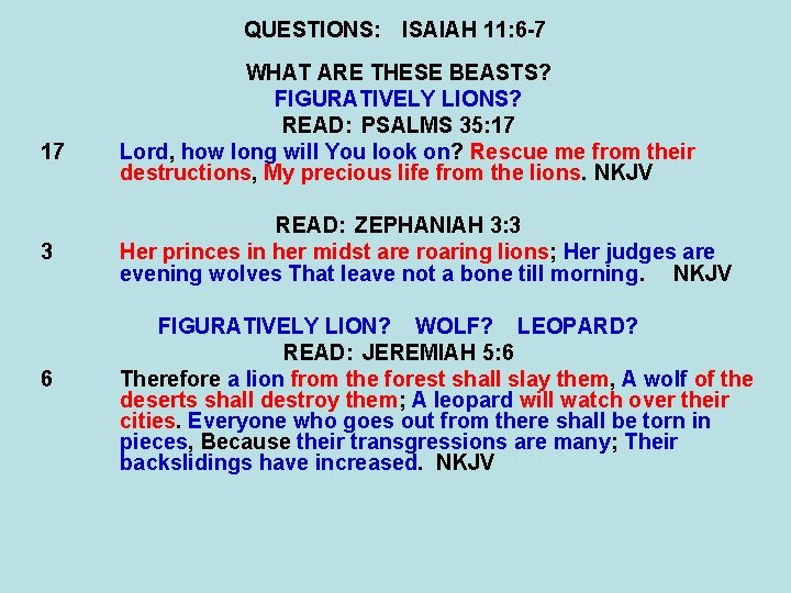 QUESTIONS: ISAIAH 11: 6 -7 17 3 6 WHAT ARE THESE BEASTS? FIGURATIVELY LIONS?