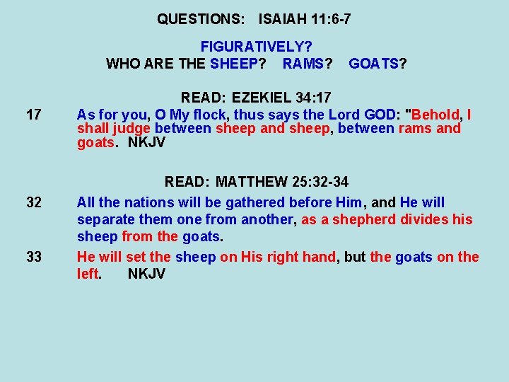 QUESTIONS: ISAIAH 11: 6 -7 FIGURATIVELY? WHO ARE THE SHEEP? RAMS? 17 32 33