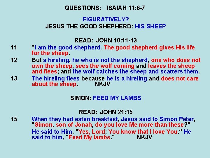 QUESTIONS: ISAIAH 11: 6 -7 FIGURATIVELY? JESUS THE GOOD SHEPHERD: HIS SHEEP 11 12