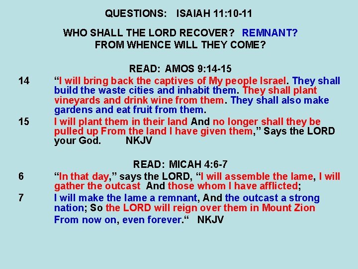 QUESTIONS: ISAIAH 11: 10 -11 WHO SHALL THE LORD RECOVER? REMNANT? FROM WHENCE WILL