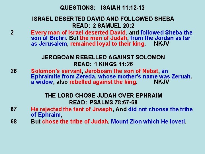 QUESTIONS: ISAIAH 11: 12 -13 2 ISRAEL DESERTED DAVID AND FOLLOWED SHEBA READ: 2