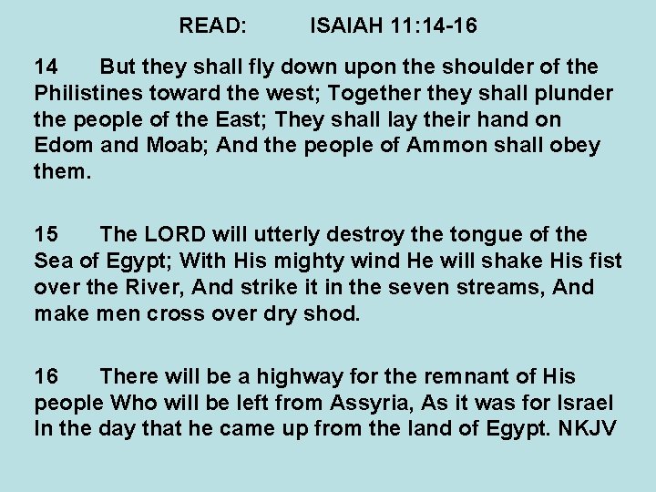 READ: ISAIAH 11: 14 -16 14 But they shall fly down upon the shoulder