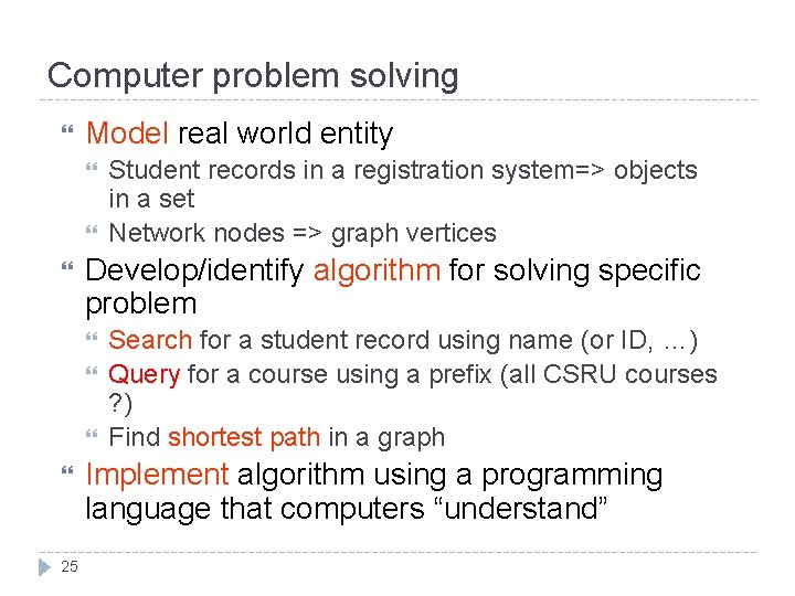 Computer problem solving Model real world entity Develop/identify algorithm for solving specific problem 25 Computer problem solving Model real world entity Develop/identify algorithm for solving specific problem 25