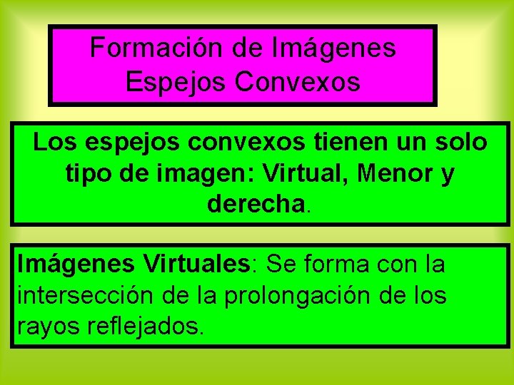 Formación de Imágenes Espejos Convexos Los espejos convexos tienen un solo tipo de imagen: