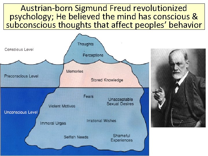 Austrian-born Sigmund Freud revolutionized psychology; He believed the mind has conscious & subconscious thoughts