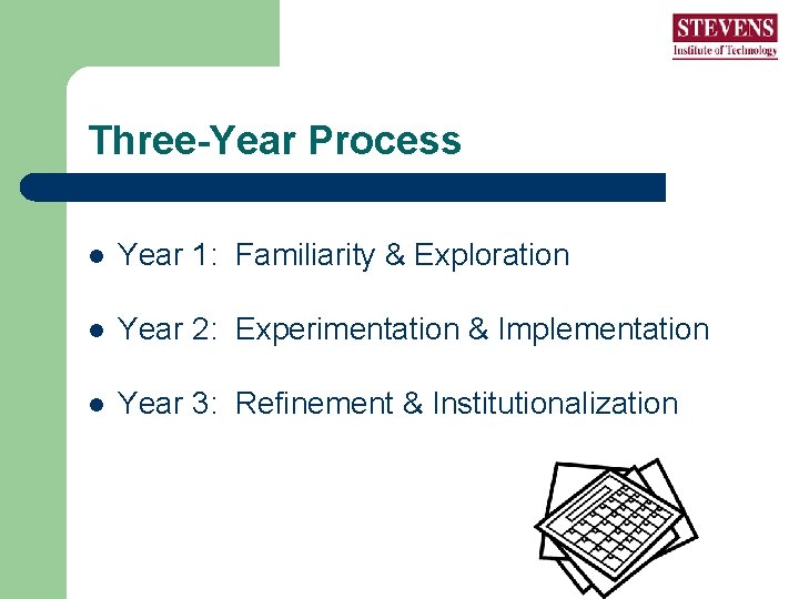 Three-Year Process l Year 1: Familiarity & Exploration l Year 2: Experimentation & Implementation Three-Year Process l Year 1: Familiarity & Exploration l Year 2: Experimentation & Implementation