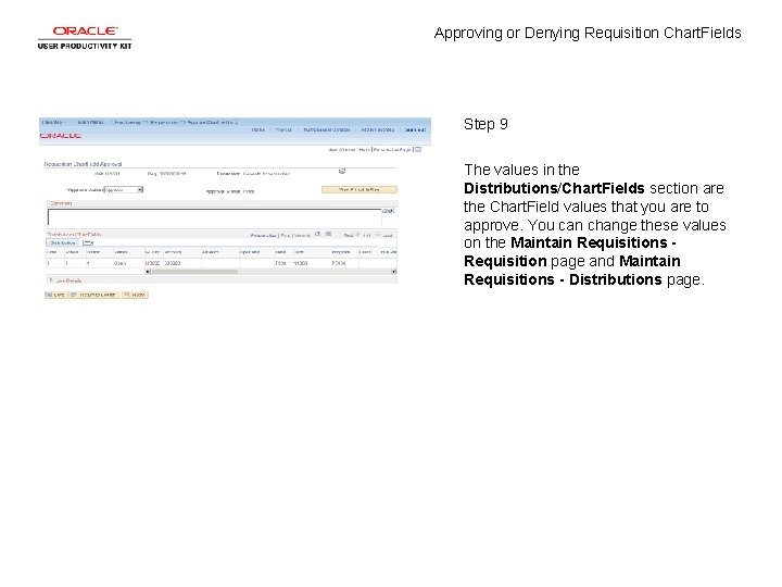 Approving or Denying Requisition Chart. Fields Step 9 The values in the Distributions/Chart. Fields