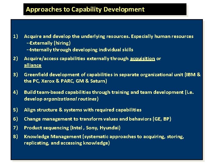 Approaches to Capability Development 1) Acquire and develop the underlying resources. Especially human resources