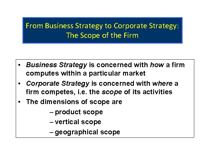 From Business Strategy to Corporate Strategy: The Scope of the Firm • Business Strategy