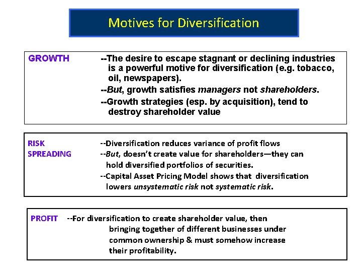 Motives for Diversification GROWTH --The desire to escape stagnant or declining industries is a