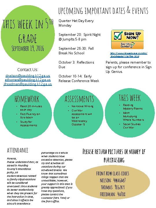 this week in 5 th grade upcoming important dates & events Quarter Hat Day