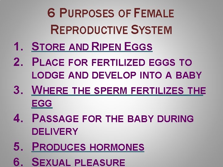 6 PURPOSES OF FEMALE REPRODUCTIVE SYSTEM 1. STORE AND RIPEN EGGS 2. PLACE FOR