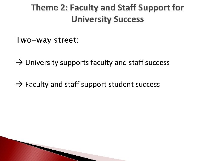 Theme 2: Faculty and Staff Support for University Success Two-way street: University supports faculty