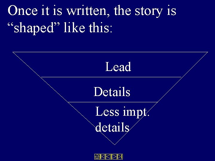 Once it is written, the story is “shaped” like this: Lead Details Less impt.
