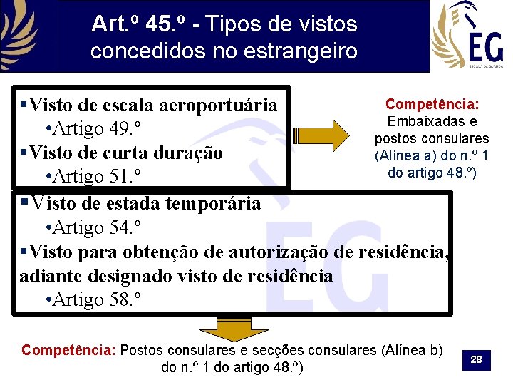 Art. º 45. º - Tipos de vistos concedidos no estrangeiro Competência: §Visto de