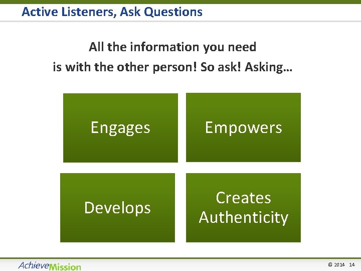 Active Listeners, Ask Questions All the information you need is with the other person!