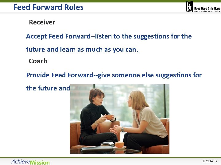 Feed Forward Roles 1. Receiver Accept Feed Forward--listen to the suggestions for the future