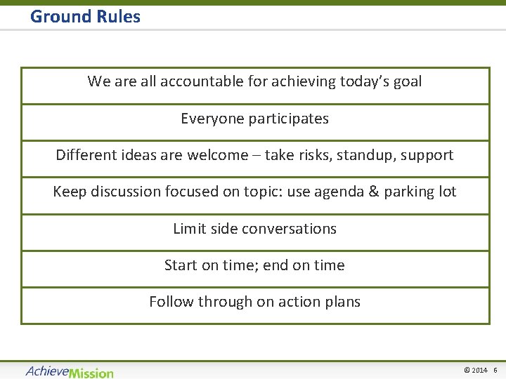 Ground Rules We are all accountable for achieving today’s goal Everyone participates Different ideas