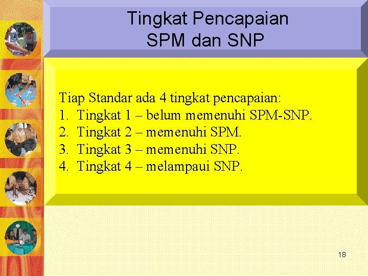 Tingkat Pencapaian SPM dan SNP Tiap Standar ada 4 tingkat pencapaian: 1. Tingkat 1