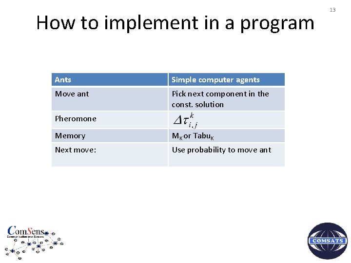 How to implement in a program Ants Simple computer agents Move ant Pick next