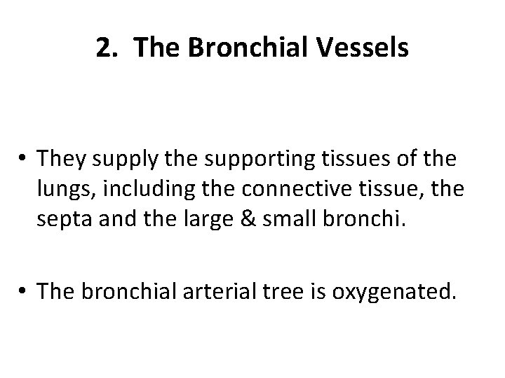 2. The Bronchial Vessels • They supply the supporting tissues of the lungs, including