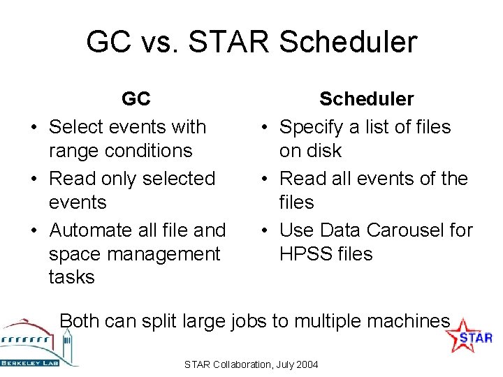 GC vs. STAR Scheduler GC • Select events with range conditions • Read only